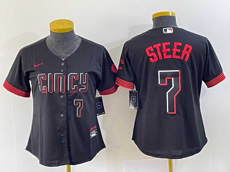 Womens Cincinnati Reds #7 Spencer Steer Numer Black 2023 City Connect Cool Base Stitched Baseball Jersey2